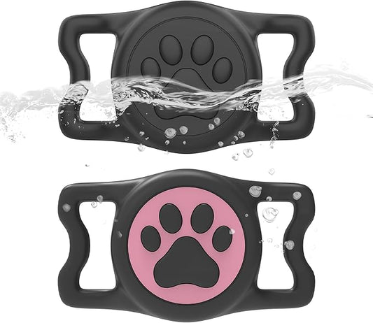 2-Pack Airtag Holder for Dog Collar, Waterproof Silicone Protective Case Cover, Anti-Lost Tracker Universal Fit for All Width Pet Collars(Black&Pink)