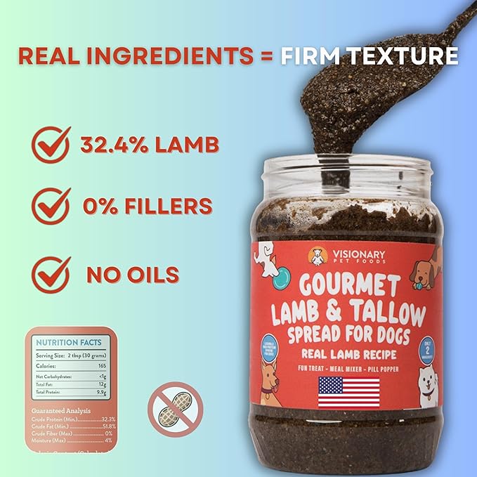 Visionary Pet Foods Lamb and Tallow Meat Spread, Dog Safe - Natural Peanut Butter Alternative - Digestive Support, No Additives - Meal Topper or Lick Mat Treat - 12oz Jar