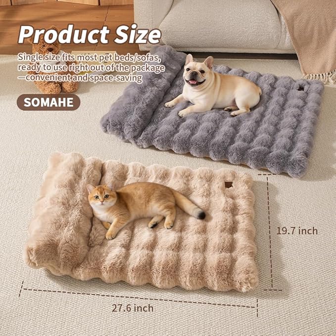 Plush Faux Fur Pet Bed Mat with Non-Slip Bottom, Self-Warming Cat Bed, Washable Pet Bed with Pillow for Cats & Medium Dogs, Machine Washable, 27x20 Inch, Grey