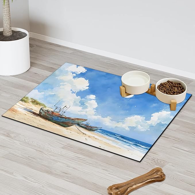 Seasides Sailboat Dog Food Mat for Floors Absorbent, Quick Dry Water Dispenser Mat for Food, Water, Pet Supplies 12" x 20", Ocean Beach