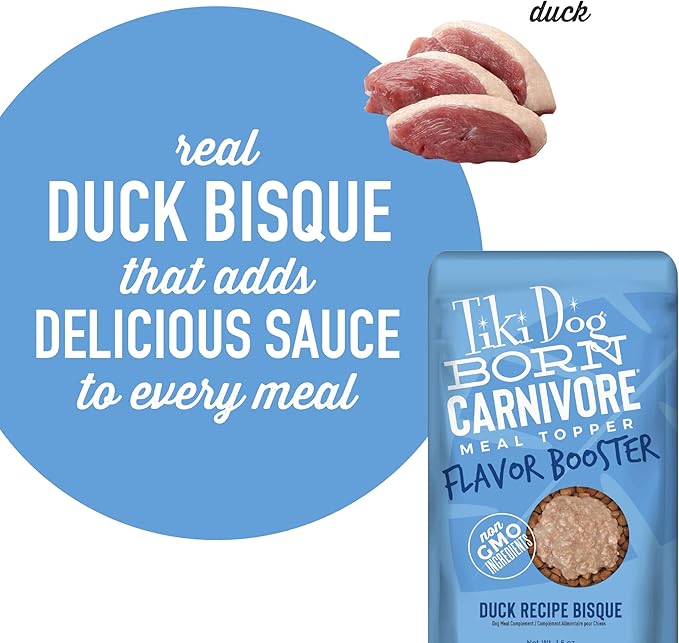 Tiki Dog Born Carnivore Flavor Booster, Duck Recipe Bisque, Grain Free Meat Based Treat, Meal Topper for All Dog Breeds and All Life Stages, 1.5 oz. 12 Count