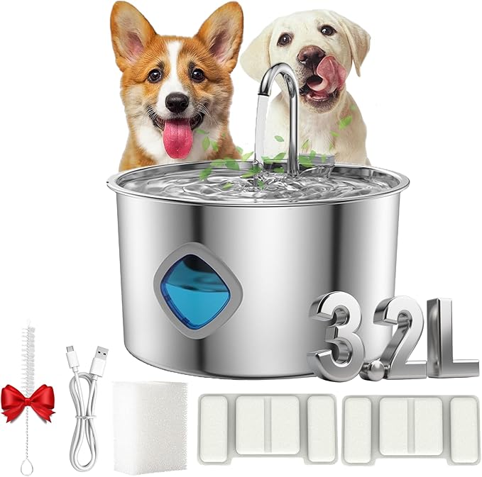 2026 New Water Fountain for Dogs, 3.2L Hydro Paws Water Fountain, Stainless Steel Dog Water Fountain with 2 Filters, Give Your Dog a Longer, Healthier Life with Proper Hydration (10Filters, 3.2L)