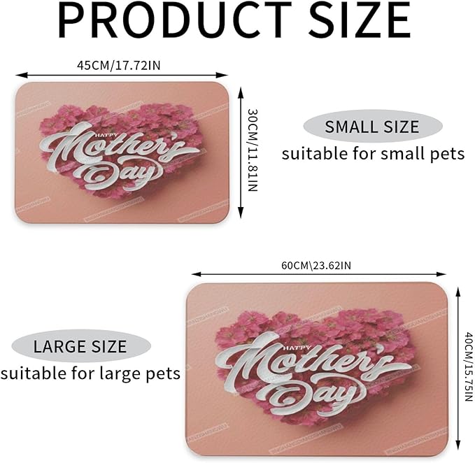 Dog Food Mat for Floors Absorbent Quick Drying Happy Mother's Day Heart Floral Gift for Mom Fu Pet Cat Food Mat Easy-to-Clean Pet Feeding Mats Dog Bowl Mats 24x16In