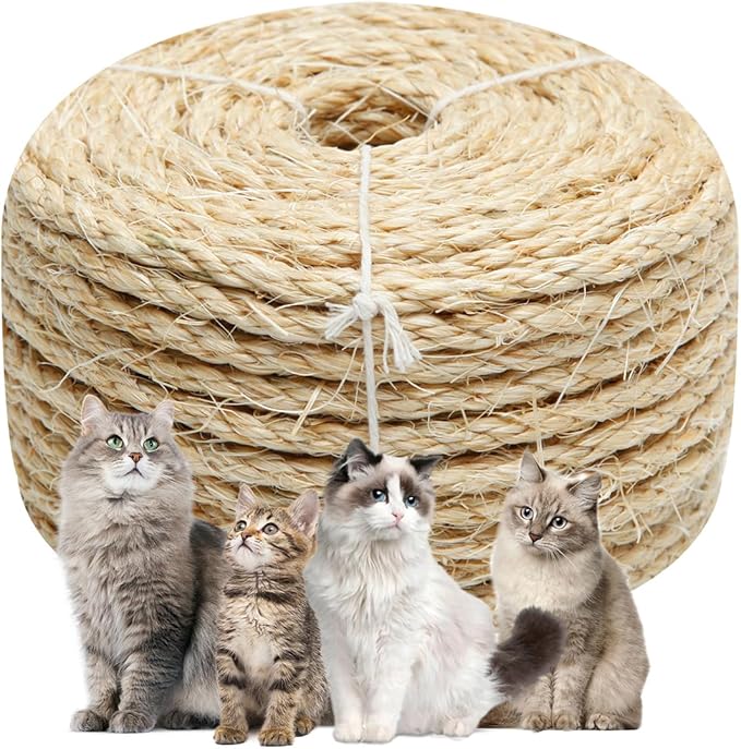 Natural Sisal Rope 1/4 Inch by 65-Feet for Cat Scratching Post Tree Tower Replacement Repair and Replace, DIY Hemp Twine Rope for Kittens Shelves Furniture Window Bed Perch Hammock cave, 6mm by 20m