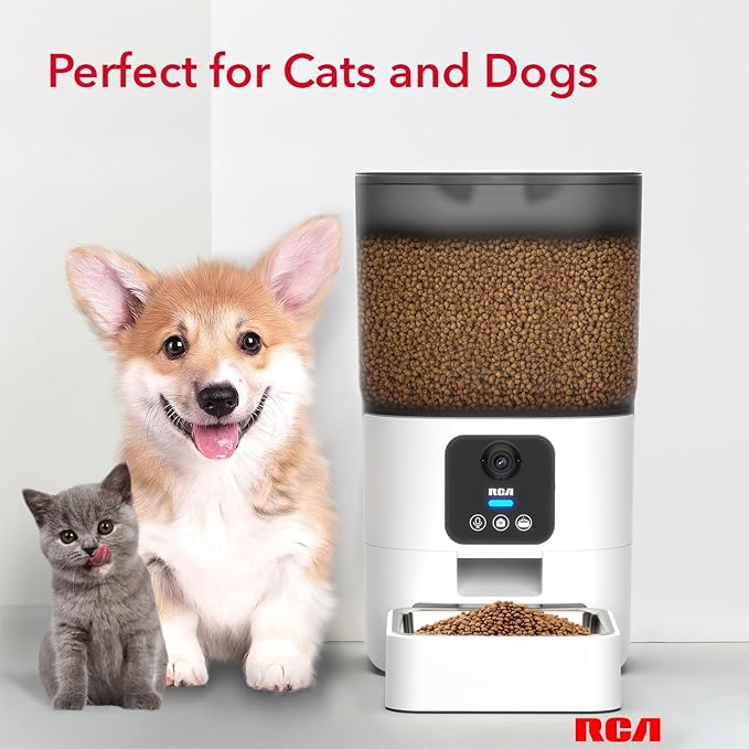 RCA Cat & Dog Pet Feeder with HD 1080p Camera, Real-Time Two-Way Audio, Monitoring, Motion Detection, Night Vision, Compatible with Alexa & Google Assistant - 6L Capacity, Dishwasher Safe Bowls