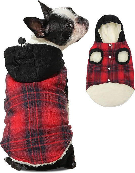 Fleece Lining Dog Hoodie for Small Dogs Extra Warm Plaid Sweater with Drawstring Hooded Coats in Winter Puppy Jacket,Red M