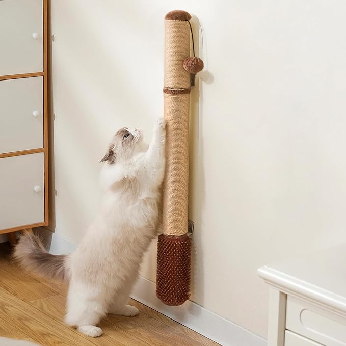 Wall Mounted Cat Scratcher, 34” Extra-Tall Vertical Sisal Scratching Post for Large Cats, Space-Saving Wall Cat Scratcher with Self Grooming Brush & Hanging Ball, Brown