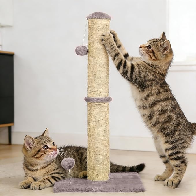 22" Small Cat Scratching Post, 3-in-1 Durable Sisal Vertical Cat Scratcher Post with Hanging Ball, Sturdy Cat Scratch Pole with Soft Fabric Base for Kittens or Smaller Cats, Light Gray