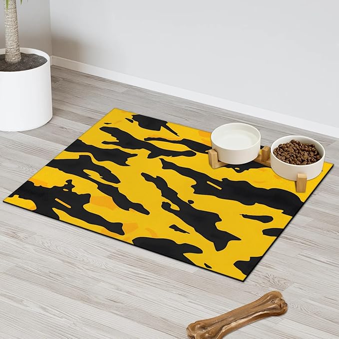 Yellow Camouflage Dog Food Mat for Floors Absorbent Dog Bowl Mat for Food and Water Dispenser Quick Dry Cat Food Placemat Pet Supplies 16" x 24", Camo