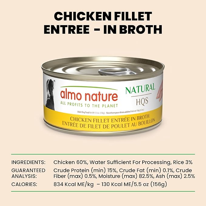 almo nature HQS Natural Wet Dog Food Chicken Fillet Entrée, Grain Free, Additive Free, Low Fat, GMO Free, 5.5oz Pack of 12
