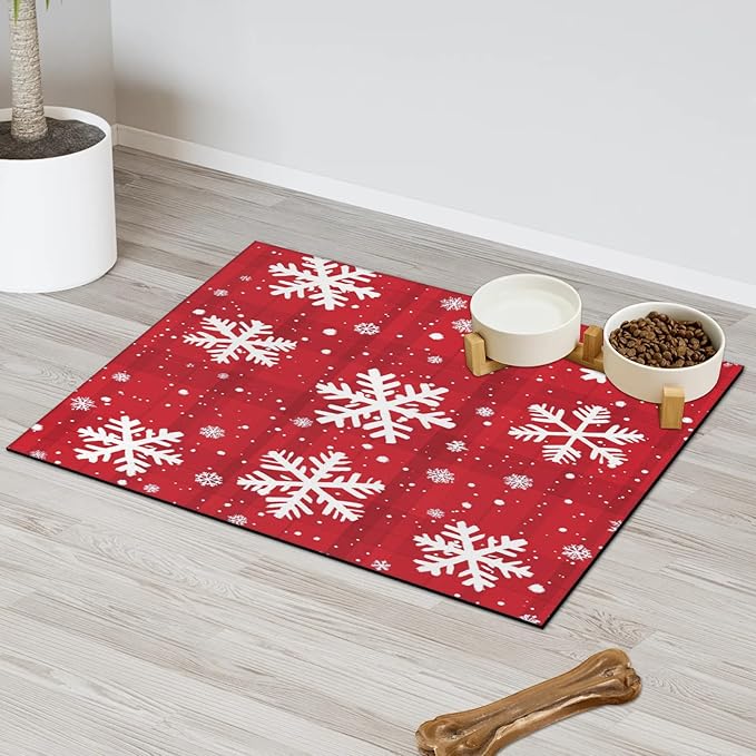 Xmas Snowflake Dog Food Mat for Floors Absorbent, Quick Dry Water Dispenser Mat for Food, Water, Pet Supplies 12" x 20", Christmas Snowflake