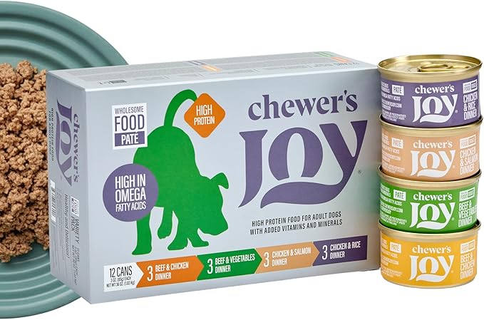 Chewer´S Joy - Wet Dog Food - Variety Pack – 4 Flavors: Beef & Chicken, Chicken & Salmon, Chicken & Rice, Beef & Vegetables – Natural Pâté – Canned Dog Food - Protein-Rich for Vitality - 12Pack (3oz)