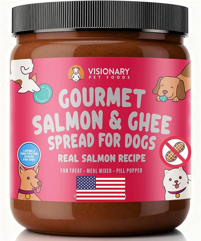 Visionary Pet Foods Salmon and Ghee Meat Spread, Dog Safe - Natural Peanut Butter Alternative - Digestive Support, No Additives - Meal Topper or Lick Mat Treat - 12oz Jar