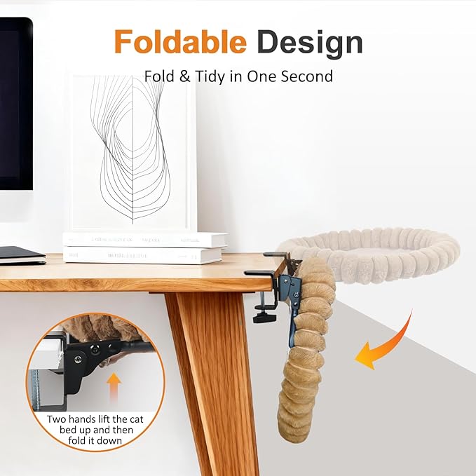 Pawow Large Cat Desk Bed, 90° Foldable Space-Saving & Sturdy Dual-Clamp, 2 Washable Covers(Faux Fur & Mesh), Metal Frame, Supports up to 40 Lbs, Pet Perch Desktop Hammock for Small to Large Cats