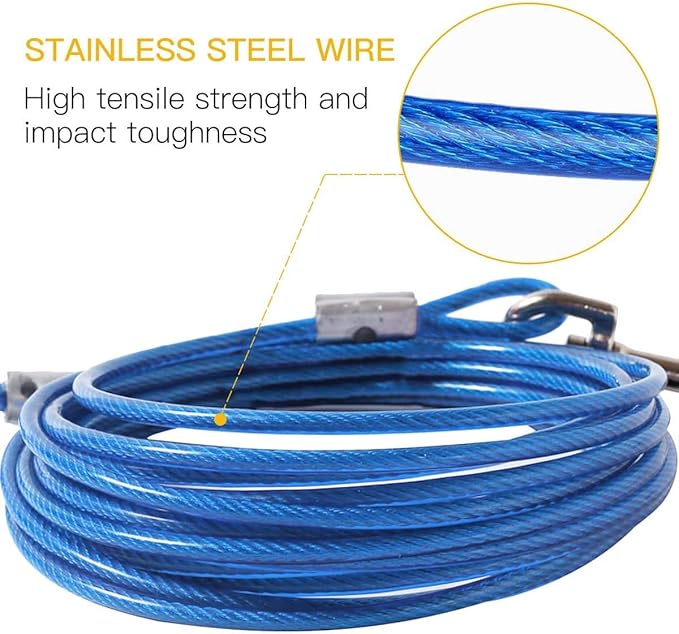 CLKHOWL Dog Stake Tie Out Cable - 16/30" Anti Rust Reflective Stake for Medium Large Dogs Up to 125 lbs, Dog Cable Runner and Metal Hooks for Yard, Camping, or Outdoors (Blue, 30FT)