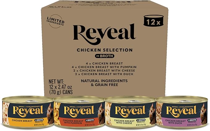 Reveal Natural Wet Canned Cat Food, 4-Flavor Variety Pack, Limited Ingredient, Grain Free, High Protein with No Artificial Additives, Chicken Variety in Broth (12 x 2.47 oz Cans)