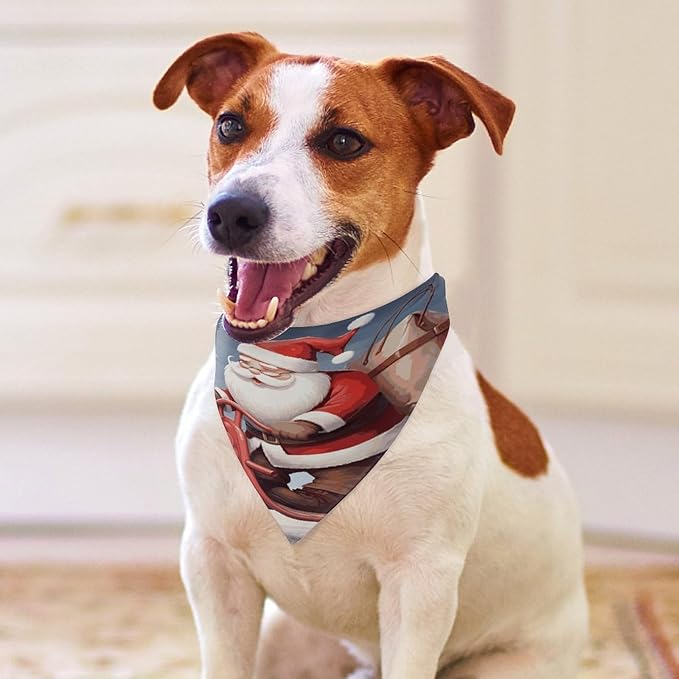 Dog Bandana Spring Pet Scarf Adjustable Triangle Santa Claus on Scooter Printing Dog Bib Washable Polyester Puppy Bandana for Small Medium Large Dogs Cat Birthday Party Supplies