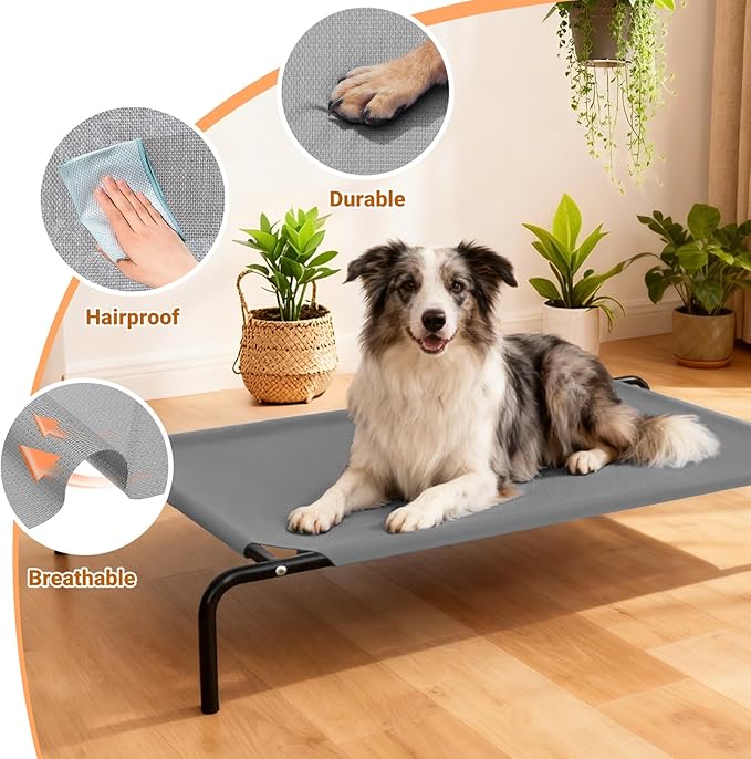 Elevated Cooling Dog Bed for Large Dogs,Waterproof Outdoor Pet Cot with Washable Breathable Mesh,Non-Slip Feet,Comfortable Dry Raised Dog Bed,50.8 x 31 x 8 Inches,Grey