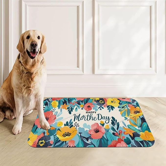 Pet Feeding Mat Absorbent Dog Mat for Food and Water Bowl Dog Accessories Happy Mother's Day Floral Gift for Mom Cg Pet Supplies Dogs Quick Dry Cat Water Dispenser Mats 18X12In