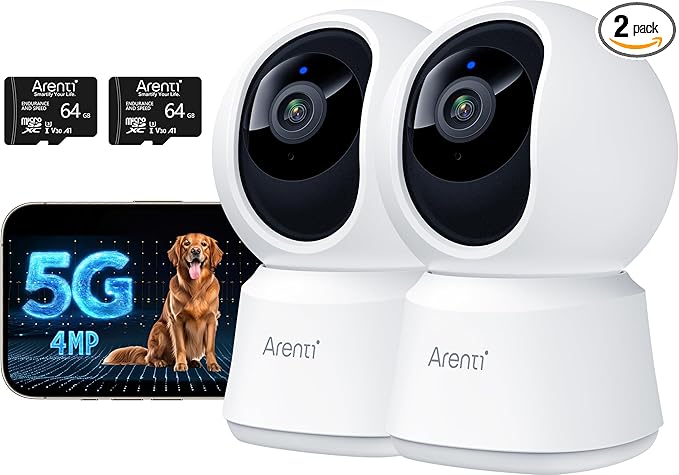 ARENTI 5G Indoor Security Camera 2 Pack, 4MP Pet Camera with Speaker for Dog/Cat, Baby Monitor with Phone App, Dual-Band WiFi, Auto Tracking, Super Night Vision, 64G Local Storaget (P2Q 64G 2PC)