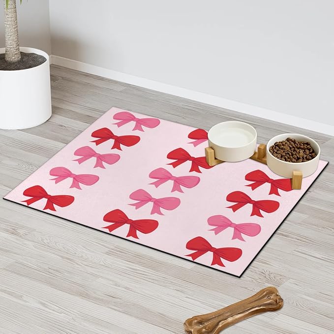Cute Bow Dog Food Mat for Floors Absorbent, Quick Dry Water Dispenser Mat for Food, Water, Pet Supplies 12" x 20", Bowknot