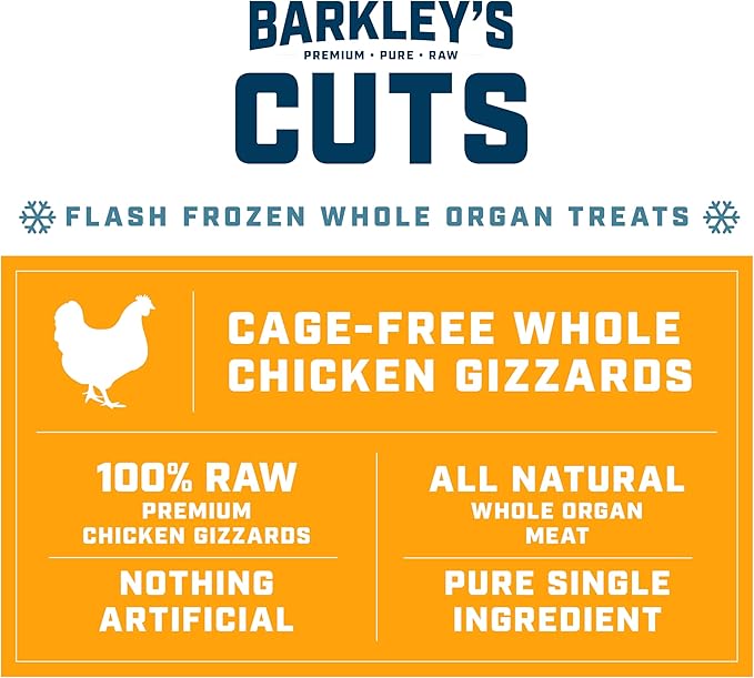 Barkley’s Cuts, Frozen Raw Whole Chicken Gizzards Dog Treats, Single Ingredient, Flash Frozen, High Protein Training Treats and Food Toppers for Puppies and Dogs, Human Grade Ingredients, 16 Oz Bag