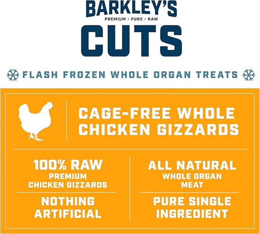 Barkley’s Cuts, Frozen Raw Whole Chicken Gizzards Dog Treats, Single Ingredient, Flash Frozen, High Protein Training Treats and Food Toppers for Puppies and Dogs, Human Grade Ingredients, 16 Oz Bag