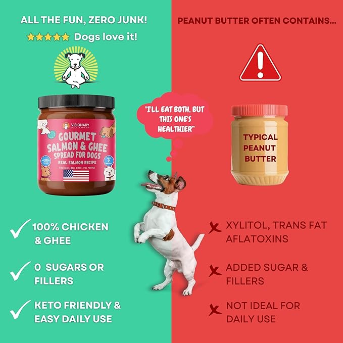 Visionary Pet Foods Salmon and Ghee Meat Spread, Dog Safe - Natural Peanut Butter Alternative - Digestive Support, No Additives - Meal Topper or Lick Mat Treat - 12oz Jar