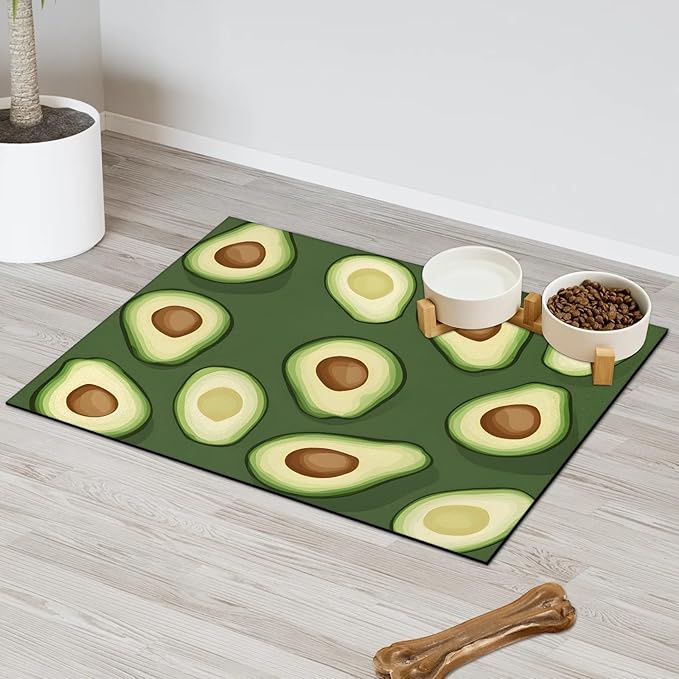 Green Avocado Dog Food Mat for Floors Absorbent Dog Bowl Mat for Food and Water Dispenser Quick Dry Cat Food Placemat Pet Supplies 17" x 30", Fruit Slice