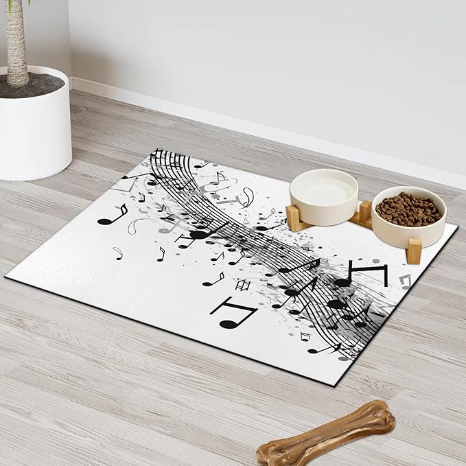 Music Notes Dog Food Mat for Floors Absorbent Dog Bowl Mat for Food and Water Dispenser Quick Dry Cat Food Placemat Pet Supplies 12" x 20", Black White