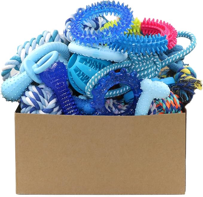 Beiker 20 Pack Puppy Chew Toys - Blue Dog Teething Toys for Puppies, Puppy Teething Rings and Ropes, Blue Rubber Toy Bundle for Small Dogs, Cute Interactive Dog Balls for Small Breed