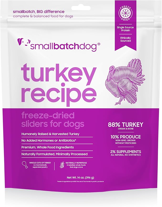 smallbatch Pets Freeze Dried Raw Dog Food, Turkey Recipe, 14 oz, Organic High Protein Dog Food, Grain Free, Made in The USA, Humanely Raised Meat, Single Protein, for Picky Eaters, Hydrate & Serve