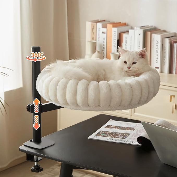 Dogpals 360° Rotating Cat Bed for Desk, Height Adjustable Cat Perch with Semi-Enclosed Design & Removable Cushion, No-Drill Clamp fits up to 1.18" Desk, Supports 9lbs for Office, Gaming Table