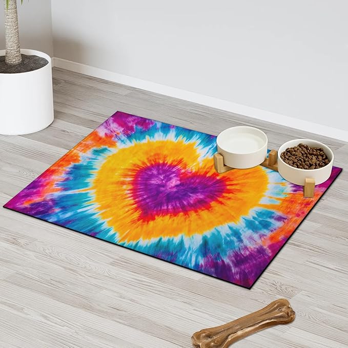 Tie Dye Dog Food Mat for Floors Absorbent, Quick Dry Water Dispenser Mat for Food, Water, Pet Supplies 12" x 20", Colorful Love Heart
