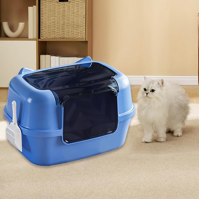 Fully Covered Cat Litter Box Hooded Litter Tray Convertible Potty Pan Easy to Install for Bathroom Home Dormitory- Blue