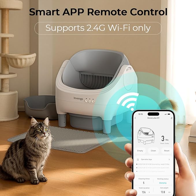 Automatic Cat Litter Box Self Cleaning, App Control, Open-Top Automatic Litter Box with Safety Sensors, Ultra-Quiet, 10.5L Waste Bin with Odor Control, 2 Rolls of Garbage Bags, LightGrey
