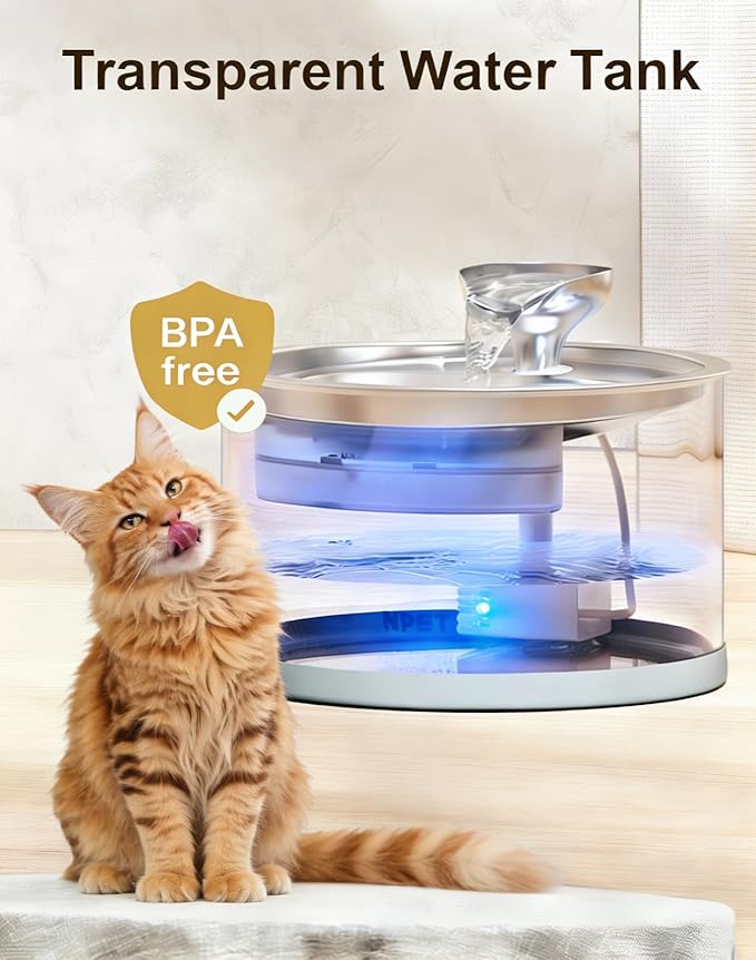 NPET N280 Cat Water Fountain Glass, 95oz/2.8L Automatic Pet Fountain Dog Stainless Steel Tray, Water Dispenser for Cats, Dogs, Multiple Pets (Water Fountain + 1 Filters)