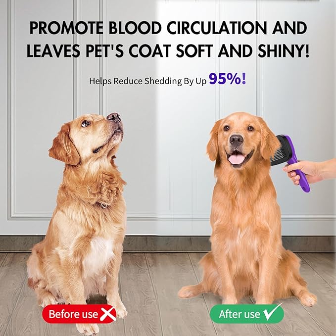 Dog Brush for Shedding, Self Cleaning Slicker Brush Ideal for Short Long Haired Dogs & Cats. Removes Loose Fur, Undercoat, Mats, Tangled Hair. Suit for Large Medium Small Animal, Purple