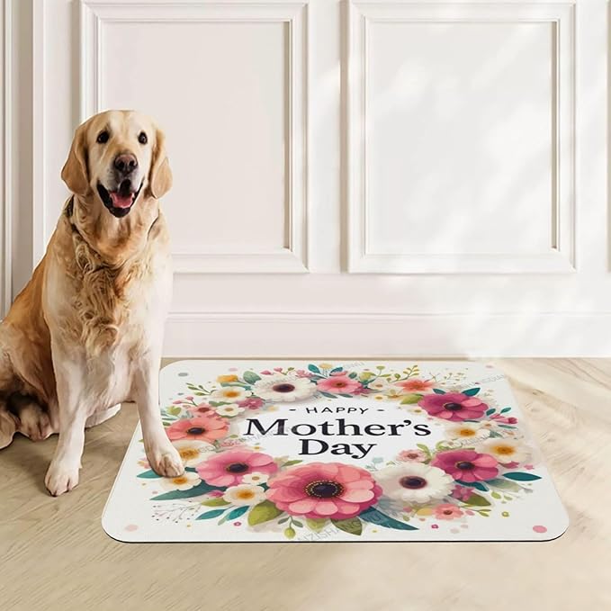 Pet Feeding Mat Happy Mother's Day Floral Gift Mom Dq Dog Food Mat for Food Water No Stains Quick Dry Dispenser Cat Bowl Mats for Messy Drinkers 24x16In