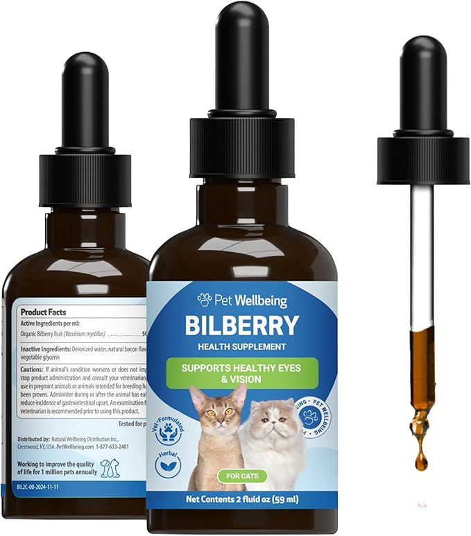 Pet Wellbeing Bilberry for Cats - Eye & Vision Support with Antioxidants, Capillary Health, Retinal Support - NASC Certified & Vet-Formulated - 2 oz Liquid