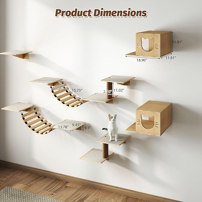 8 in 1 Cat Wall Shelves Cat Climber Set, Wall Mounted Cat Furniture with Scratching Post, Cat Bridge, Cat Condos and Cat Perches