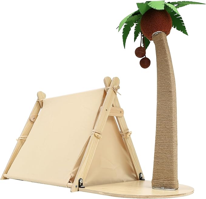 Coconut Tree Cat Tree Cat Scratching Post with Jute Rope for Indoor Cats Cozy Tent House and Hanging Balls for Kittens
