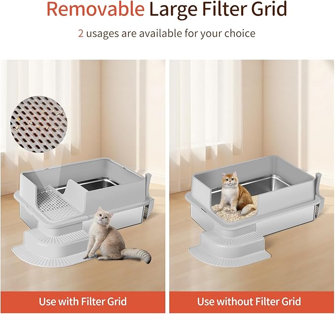 XXXL Stainless Steel Litter Box, 28"x20"x18" Extra Large Fully Enclosed High Sided Metal Cat Litter Box with Filtered Grid, Step, Scoop, Non-Sticky, Non-Odor, Easy Cleaning (Light Gray)
