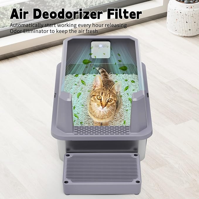 RIZZARI Stainless Steel Litter Box: Gray Leakproof Open Top Tray - Teflon Non-Stick Coating - Large Size Odor Control for Cats Under 20 lbs - with Deodorizer - 2 Pack - for Laundry Room Restroom