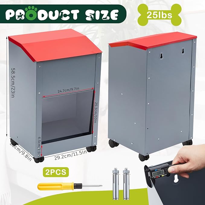 2 Pcs 25 Lbs Large Galvanized Automatic Dog Feeder Dog Food Dispenser Handle Wheel Acrylic Panel Galvanized Gravity Feeder Thickened Rust Proof Outdoor Hanging for Doggie Food Container