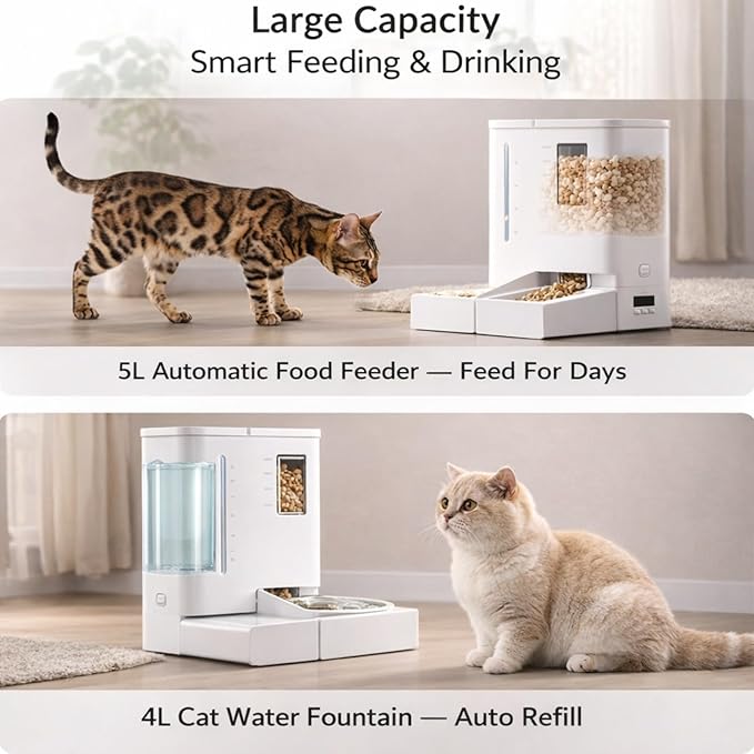 Waithem Wi-Fi Automatic Pet Feeder and Waterer for Cats&Dogs, 2-in-1 Set Large Capacity for 2 Weeks, Intuitive App Operation, 2 Way Power Supply, Detachable for Cleaning