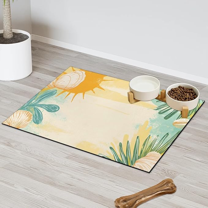 Tropical Coast Dog Food Mat for Floors Absorbent Dog Bowl Mat for Food and Water Dispenser Quick Dry Cat Food Placemat Pet Supplies 16" x 24", Boho Sun
