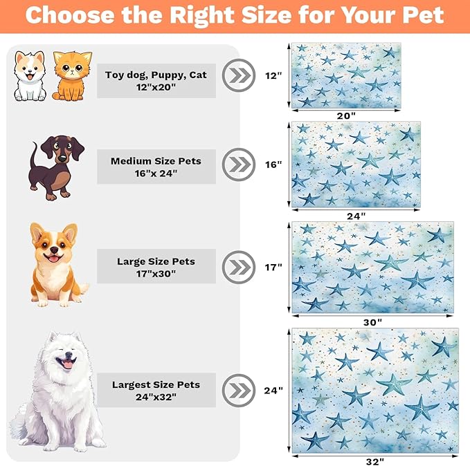 Ocean Starfish Dog Food Mat for Floors Absorbent Dog Bowl Mat for Food and Water Dispenser Quick Dry Cat Food Placemat Pet Supplies 24" x 32", Nautical Coastal