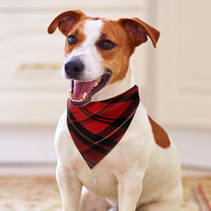 Dog Bandana Spring Pet Scarf Adjustable Triangle Red and Black Plaid Printing Dog Bib Washable Polyester Puppy Bandana for Small Medium Large Dogs Cat Birthday Party Supplies