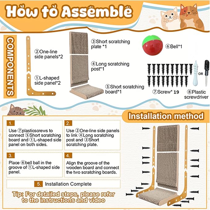 L Shape Cat Scratcher, 23.6 Inch Large Vertical Scratching Board Wall Mounted, Durable Cardboard Scratch Pad with Ball Toy - Protects Furniture for Indoor Cats (23.6in)